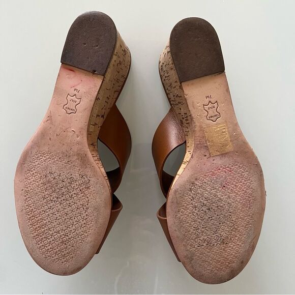 Tory Burch Crossover Sandal Wedge Slide Tan Leather Cork Heel Comfy Size 7 - Picture 5 of 6